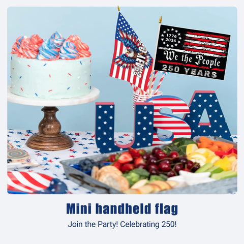12 Pack 250th Anniversary Flags 5x8 Inches Handheld Polyester Double Sided With Wooden Poles for party table decor and celebration