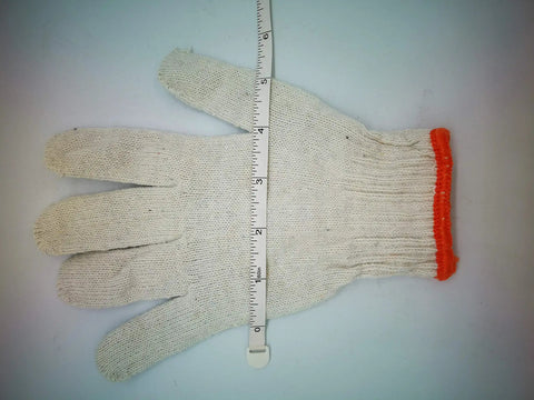 Durable Heavy Duty Cotton Polyester Work Gloves With Rock Solid Grip, 12 Pairs Thick String Knit Safety Gloves For Yard Mechanics Warehouse And Bbq Jobs on a white background with measuring ruler.