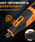 Killer Cordless Rotary Tool Kit Packing Eighty Heavy Duty Bits For Carving Grinding Sanding And Etching At Blazing Speeds Up To Twenty Eight Thousand Rpm, featuring built-in lock system for safety.