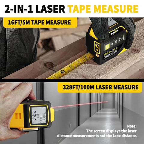 Heavy Duty Two In One Laser Tape Measure With 328Ft Slick Long Range Finder And 16Ft Pullback Steel Tape Featuring Spot On Crosshair Aim Plus Digital Angle And Volume Calc For Hustle Free Renovations