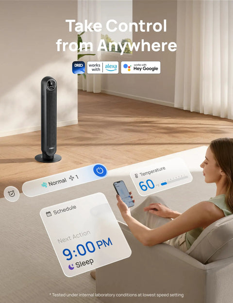 Woman using phone to control Bedroom Tower Fan With Remote And Wi Fi Voice Control Ultra Quiet Bladeless Standing Fan in living room