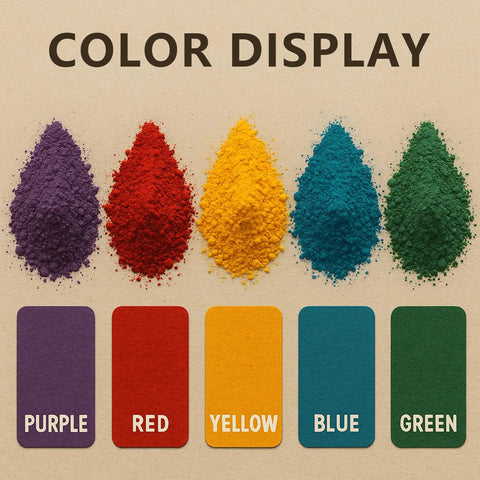 Color display of Real Deal Wood Dye Powder Bundle with five vibrant pigments: purple, red, yellow, blue, green.