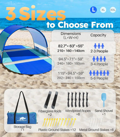 Beach Tent With Double Zippered Doors And Breathable Mesh For Two To Three People, highlighted size and accessories on sand
