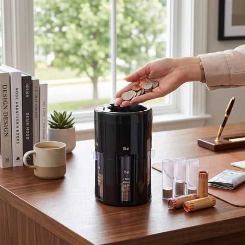 POCREATION 5 In 1 Automatic Sorter Machine Digital Counting Device With Tubes For Pennies Nickels Dimes Quarters Dollars on a wooden table.