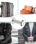 Top Tier 24 Pack Chicago Screws Featuring Phillips Heads Rust Resistant 304 Stainless Steel Binding Rivets on a leather bag with accessories.