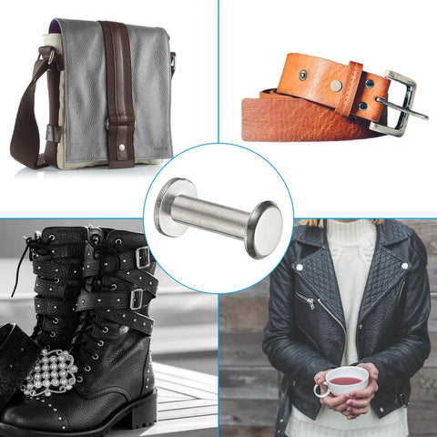 Top Tier 24 Pack Chicago Screws Featuring Phillips Heads Rust Resistant 304 Stainless Steel Binding Rivets on a leather bag with accessories.