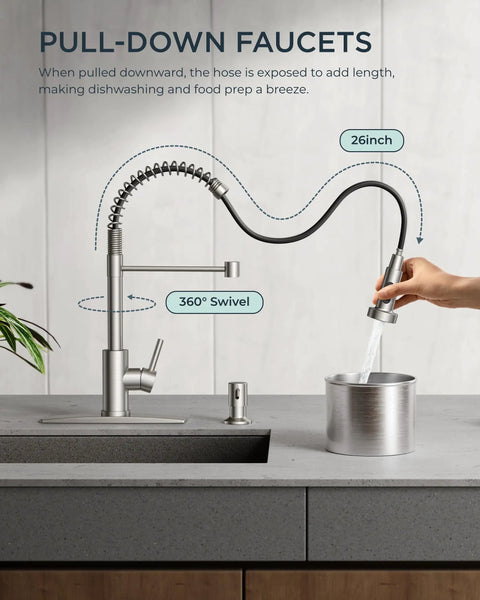 Brushed Nickel Kitchen Faucet With Pull Down Sprayer Stainless Steel Commercial Single Handle Spring Faucet For Pot Filling