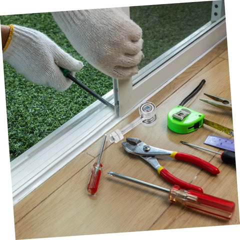 Installing Top Shelf Double Bearing Sliding Door Roller Upgrade With Built Tough Steel using tools and gloves for smooth glide.