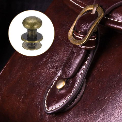 8mm Ball Head Stud Rivet Set With Screw Back 15 Pack for leather handbag, bronze tone zinc alloy shown in use on brown leather