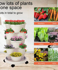 5-Tier Vertical Garden Tower Stackable Planter For Strawberries, Flowers, Vegetables And Herbs In Beige shown with plants.