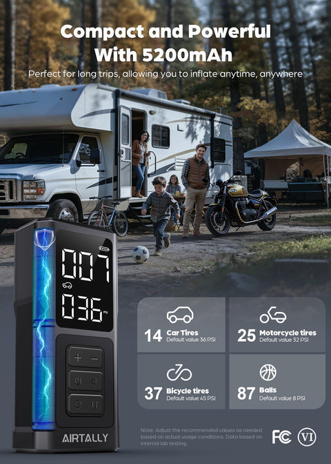 Portable Tire Inflator Air Compressor With 5200mAh Battery And 150 PSI Quick Inflate displayed outdoors with camping scene