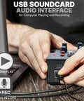 Person connecting 3-Channel Dope Wireless DJ Mixer With Bluetooth 5.0 USB Audio Interface XLR And 6.35mm Mic Line to laptop