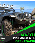 Jeep with aftermarket bumper featuring 2 Pack D Ring Shackles Heavy Duty Three Quarter Inch Clevis Shackle With Seven Eighths Inch Pin 41,850 Lb Break Strength For Towing And Trail Ready Recovery Red Pairs With Tow Strap For Vehicle Recovery And Aftermarket Bumpers on rugged terrain