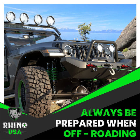 Jeep with aftermarket bumper featuring 2 Pack D Ring Shackles Heavy Duty Three Quarter Inch Clevis Shackle With Seven Eighths Inch Pin 41,850 Lb Break Strength For Towing And Trail Ready Recovery Red Pairs With Tow Strap For Vehicle Recovery And Aftermarket Bumpers on rugged terrain