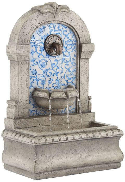 30 1/4 Inch High Outdoor Blue Faux Stone Floor Fountain With Freestanding Waterfall, Tiered Cascading Water Feature