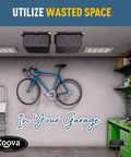 Garage with overhead storage rack installed, holding two bins. Overhead Garage Storage Rack For Two Bins With Adjustable Width And 80 Pound Capacity DIY Safe Ceiling Mount Easy Install Fits 27 Gallon Totes USA Made Pro Grade Steel Space Saving Organizer visible.