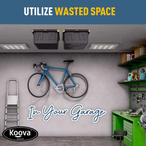 Garage with overhead storage rack installed, holding two bins. Overhead Garage Storage Rack For Two Bins With Adjustable Width And 80 Pound Capacity DIY Safe Ceiling Mount Easy Install Fits 27 Gallon Totes USA Made Pro Grade Steel Space Saving Organizer visible.