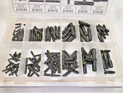 Disco Automotive 8200 vacuum connector assortment; black nylon hose barb fittings in a clear multi-compartment organizer