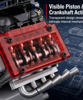 Mechanical V8 Engine Model Kit With Transparent Display 478 Pieces Realistic Piston And Crankshaft Motion Totally Hands On STEM Project Collectible Desk Decor, red transparent piston cover close-up