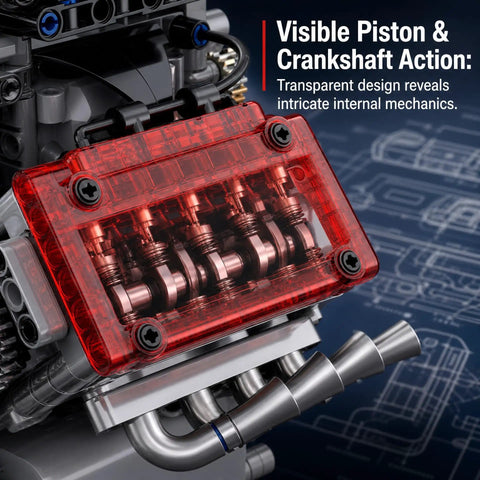 Mechanical V8 Engine Model Kit With Transparent Display 478 Pieces Realistic Piston And Crankshaft Motion Totally Hands On STEM Project Collectible Desk Decor, red transparent piston cover close-up