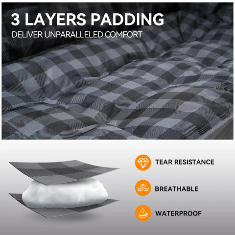 Three layers of padding on Two Person Padded Camping Chair For Outdoor Lounging showing plaid design, highlighting comfort features.