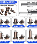 Heavy Duty Chicago Screws And Leather Rivets 110 Set Kit With Install Tools showing dimensions and types of fasteners.
