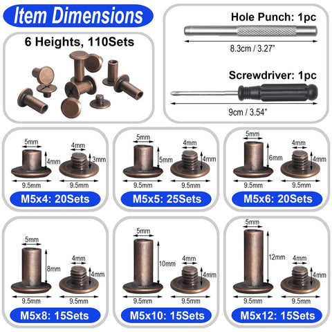 Heavy Duty Chicago Screws And Leather Rivets 110 Set Kit With Install Tools showing dimensions and types of fasteners.