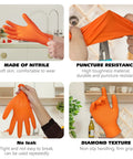 Nitrile orange gloves with raised diamond texture; 100-count XL, shown from front, side, close-up, and on-hand views