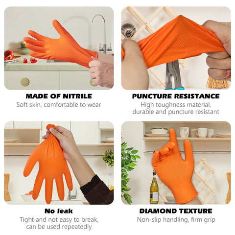 Nitrile orange gloves with raised diamond texture; 100-count XL, shown from front, side, close-up, and on-hand views
