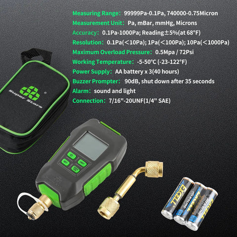 Super Stars digital vacuum gauge with LCD display, gray-green housing, 1/4" SAE connection, carrying case