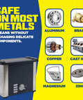Durabasics 1 Gal ultrasonic cleaner solution; black ultrasonic cleaner on left, yellow panel with metal icons (aluminum, brass, copper, cast iron, magnesium, zinc).