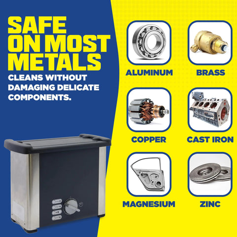 Durabasics 1 Gal ultrasonic cleaner solution; black ultrasonic cleaner on left, yellow panel with metal icons (aluminum, brass, copper, cast iron, magnesium, zinc).