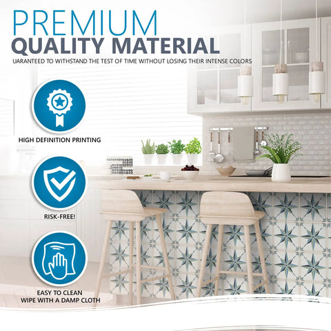 Kitchen backsplash with Talavera Tile Sticker Set 24 Pack Peel And Stick Wall Decals in star pattern under bar counter.