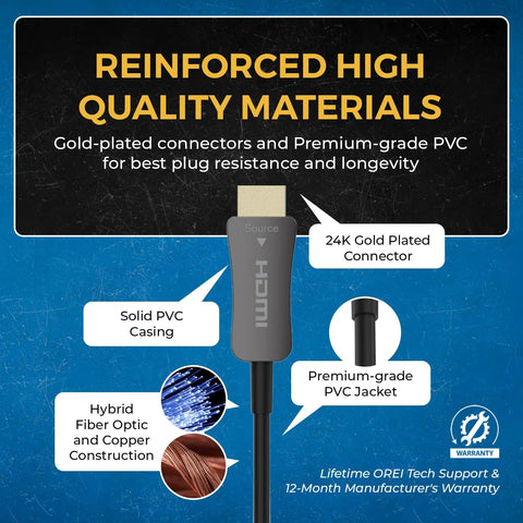Heavy Gauge 100 Foot Fiber Optic Hdmi Cable 2.0B with gold-plated connector and solid PVC casing for durability.