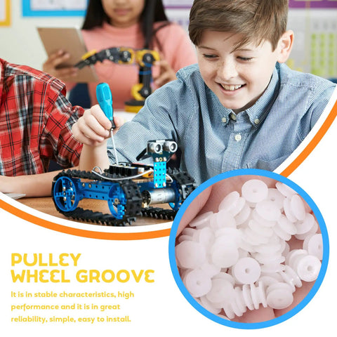 Smiling child assembling RC model with Mini Belt Pulley Wheel 0.36 Inch Bore For 2mm Shaft Durable PP Plastic Gear Pulley