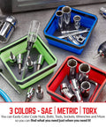 Collapsible Magnetic Parts Tray Set Pack of 3 4.25 Inch Square Tool Trays For Screws Bolts Nuts Washers Pins And Small Metal Parts Must Have Non Marring Rubber Magnet In Red Blue Green with tools