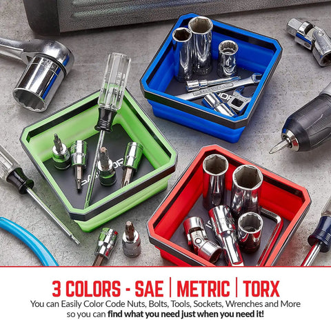 Collapsible Magnetic Parts Tray Set Pack of 3 4.25 Inch Square Tool Trays For Screws Bolts Nuts Washers Pins And Small Metal Parts Must Have Non Marring Rubber Magnet In Red Blue Green with tools