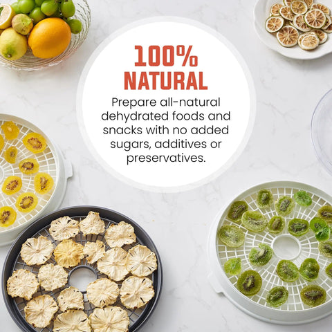 Top Shelf Digital Food Dehydrator With Five Spacious Drying Trays No Sweat Adjustable Timer Spanning Up To Forty Eight Hours And Sweet Even Airflow For Dang Good Dried Fruit Bites with trays of dried fruit.