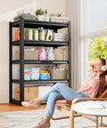 Built Like A Tank Five Tier Garage Shelving Rack With Hefty Steel Build For Boss Level Household Storage Adjustable Utility Organizer 600 Lb Capacity Black Multi Space Setup with household items and a woman relaxing.