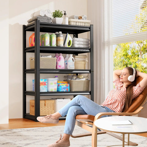 Built Like A Tank Five Tier Garage Shelving Rack With Hefty Steel Build For Boss Level Household Storage Adjustable Utility Organizer 600 Lb Capacity Black Multi Space Setup with household items and a woman relaxing.