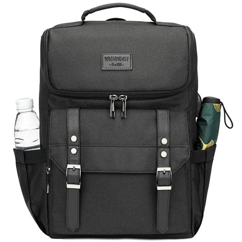 Vintage Laptop Backpack With USB Charging Port For Men And Women, durable black nylon, 15.6 inch laptop fit, front view with pockets