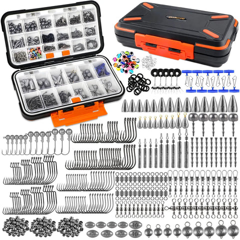 All In One Fishing Tackle Kit With Organized Tackle Box 397 Piece Gear Set Including Hooks Sinkers Swivels Beads Rigs Jigs Drop Shot Weights For Bass And Trout Ready To Fish laid out