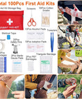 Components of 100-piece first aid kit from 125 Piece Survival Kit For Outdoorsy Folks And Women, shown with usage examples.