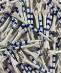 Pile of Three And A Quarter Inch My Hite FLYtee Golf Tees Bulk Pack White And Blue Stripe 100 Count With 6 Pronged Head For Easy Ball Placement