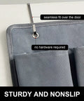 Close-up of grey overbed hanging shoe organizer with metal hook, part of Overbed Hanging Shoe Organizer With Ten Pockets And Sturdy Hooks.