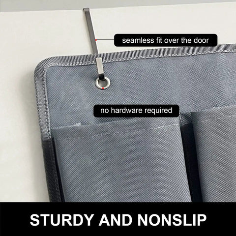 Close-up of grey overbed hanging shoe organizer with metal hook, part of Overbed Hanging Shoe Organizer With Ten Pockets And Sturdy Hooks.