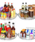Four Pack Clear Acrylic Lazy Susan Turntable Slick Spin Pantry Organizer For Kitchen Cabinet Spice Rack Vanity Makeup Storage Handles Everyday Clutter Without Any Sweat Or Fuss with assorted bottles and jars