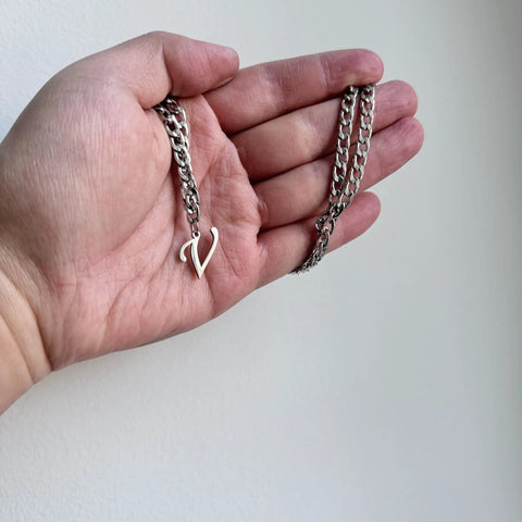 Hand holding Unisex A-Z Initial Necklace In Stainless Steel, Cuban Link Chain, 21 Inch Length, Durable Letter Pendant For Men And Women