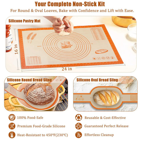 All In One Sourdough Starter Kit With Banneton Baskets And Glass Jar For Home Bakers showing silicone pastry mat and bread slings