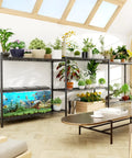 Heavy Duty 3 Tier Wire Shelving Unit With 1200 Lbs Capacity, 48 Inch Long By 20 Inch Wide By 47 Inch High Industrial Storage Rack For Garage, Kitchen, Laundry, Basement, Rust Resistant, Adjustable Shelves with potted plants and aquarium